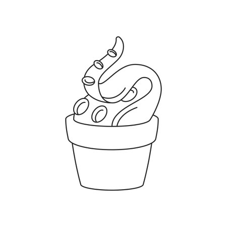 Y2k alien tentacle with sucker growing in pot psychedelic pop art outline icon vector illustration. UFO science fiction surreal hallucinogen ported plant comic flower houseplant t shirt printのイラスト素材