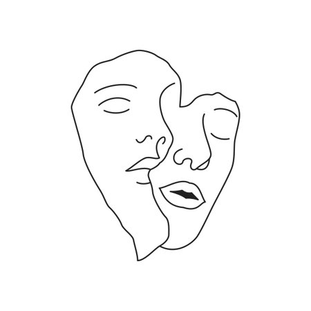 Y2k psychedelic heart with couple man woman half face line hand drawn icon vector illustration. Abstract hallucinogen love romantic pair amour relationship comic Saint Valentine's Day t shirt printのイラスト素材