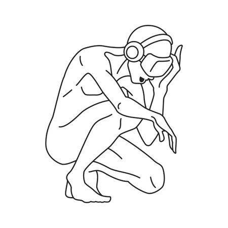 Y2k human in headphones VR goggles immersion contemporary pop art outline icon vector illustration. Psychedelic modern naked person in virtual reality helmet artificial intelligence t shirt printのイラスト素材