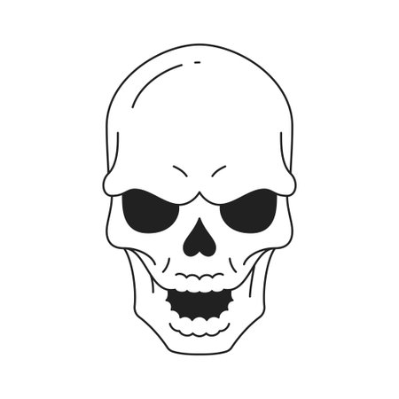 Y2k spooky angry smiling human skull psychedelic neo gothic line icon vector flat illustration. Horror Halloween skeleton bone head portrait laughing evil monster monochrome t shirt printのイラスト素材