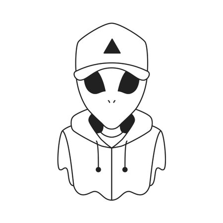 Y2k comic alien in cap and hoodie portrait psychedelic outline icon vector flat illustration. Surreal hallucinogen humanoid UFO in fashion outfit contemporary pop art monochrome t shirt printのイラスト素材