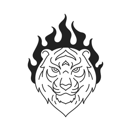 Y2k strong tiger portrait with burning flame black tattoo outline icon vector flat illustration. Wild powerful feline animal carnivorous predator head blaze fire monochrome groovy t shirt printのイラスト素材