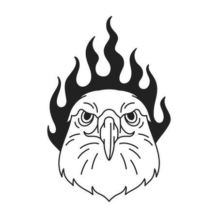 Y2k eagle hawk falcon head with burning flame art tattoo outline icon vector flat illustration. Strong wild predator bird portrait psychedelic groovy monochrome black artwork for t shirt print emblemのイラスト素材