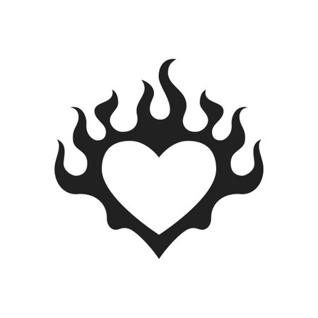 Y2k heart burning fire flame silhouette Valentine black tattoo icon vector flat illustration. Abstract love amour romantic shape flammable blaze neo gothic monochrome creative t shirt printのイラスト素材
