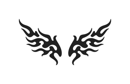 Y2k neo gothic abstract fire flame wings angel silhouette black tattoo icon vector flat illustration. Psychedelic tribal blazing flammable futuristic winged shape monochrome mystic decorのイラスト素材