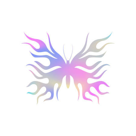 Y2k butterfly fire flame wings glam metal gradient silhouette icon vector flat illustration. Aesthetic flying summer insect ornamental psychedelic neon hologram surreal trendy t shirt printのイラスト素材