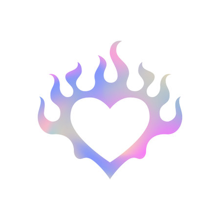 Y2k metal hologram gradient heart fire flame silhouette icon vector flat illustration. Psychedelic pink neon chrome holographic love amour romantic shape flammable blaze trendy t shirt printのイラスト素材