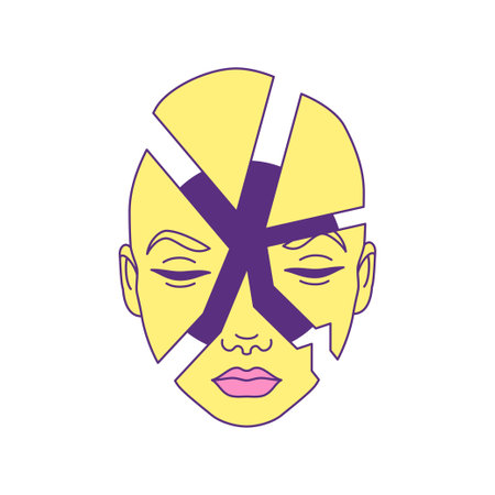 Y2k psychedelic cracked cyber human head contemporary pop art icon vector flat illustration. Surreal futuristic person portrait crush broken slice science fiction fantasy comic t shirt printのイラスト素材