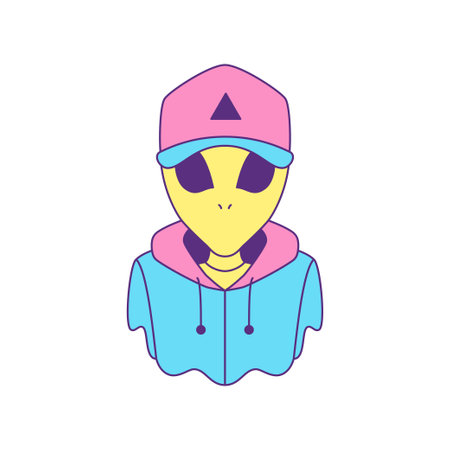 Y2k fashion alien street style teenager in cap and hoodie pop art icon vector flat illustration. Psychedelic UFO humanoid portrait in stylish trendy outfit surreal contemporary artwork t shirt printのイラスト素材