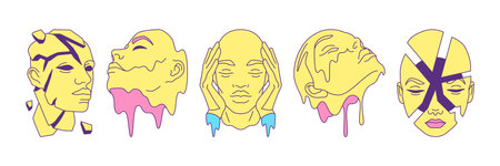 Y2k science fiction melting section faces psychedelic outline vector illustrations set. Futuristic abstract person heads hallucinogen surreal concepts elements for stickers, prints and t-shirt designsのイラスト素材