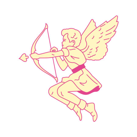 Y2k boy Cupid shooting bow arrow Valentines pop art groovy icon vector flat illustration. Pink...