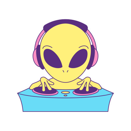 Y2k futuristic alien DJ playing vinyl music at party contemporary pop art icon vector flat illustration. Science fiction UFO humanoid disk jockey deejay musical disco festival trendy t shirt printのイラスト素材