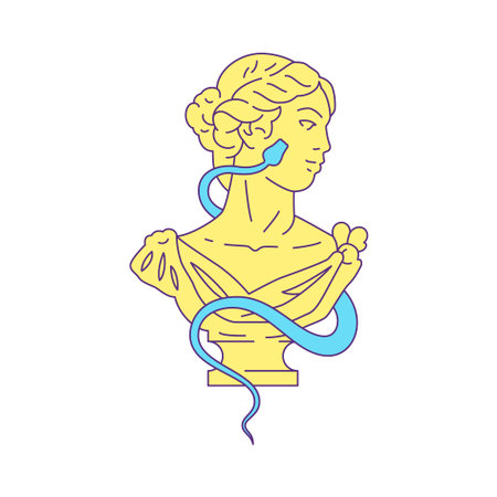 Y2k Greek ancient woman goddess bust with snake contemporary pop art icon vector flat illustration....