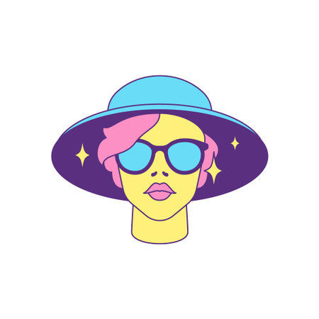 Y2k fashion witch woman in magic hat portrait contemporary pop art icon vector flat illustration. Psychedelic mystic female in sunglasses sorcerer witchcraft character comic vivid color t shirt printのイラスト素材