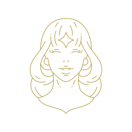 Elegant mystic woman portrait with star luxury minimal golden line art icon vector illustration. Mythology sacred beautiful female face insignia logo for cosmetic brand wellness spa skin careのイラスト素材
