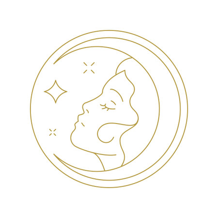 Beauty mystic woman face with star crescent minimal golden line art icon vector illustration. Mythology dream female portrait circle moon monochrome logo zen meditation spa coiffure cosmetic brandのイラスト素材