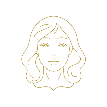 Romantic beauty woman face minimal fashion golden line art icon vector illustration. Elegant feminine young beautiful model logo for skin care cosmetic stylist salon hairdresser makeup brandのイラスト素材