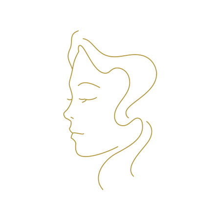Beautiful woman portrait golden line art profile silhouette minimal icon vector illustration. Female gentle face with hair feminine print for beauty logo skin care medical cosmetic brandのイラスト素材