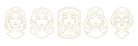 Fashion beauty magic woman portrait minimal golden line art icon set vector illustration. Elegant feminine model face with hair sunglasses premium logo for makeup cosmetic coiffure spa wellness brandのイラスト素材