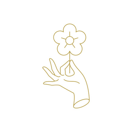 Elegant organic chamomile flower in woman hand minimal golden line art icon vector illustration. Female arm holding daisy natural blossom wildflower monochrome logo for cosmetology cosmetic brandのイラスト素材