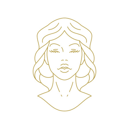 Beautiful woman bust portrait elegant minimal silhouette golden line icon vector illustration. Fashion young female model face with hairstyle insignia art logo for haircut stylist beauty salon makeupのイラスト素材