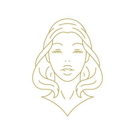 Beautiful woman portrait elegant minimal golden line art icon vector illustration. Romantic female face monochrome premium logo for coiffure cosmetology skin care cosmetic brand emblemのイラスト素材