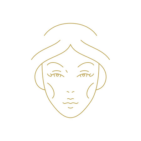 Woman face with hair minimal silhouette golden line icon for cosmetic brand vector illustration. Female young model beautiful portrait logo for beauty salon spa wellness skin care luxury sketchのイラスト素材