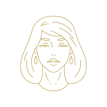 Elegant beauty woman face in earrings minimal golden line art icon vector illustration. Female portrait luxury insignia for t shirt print card glamor hairdresser salon cosmetic skin care brandのイラスト素材