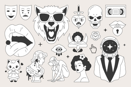 Y2k psychedelic comic retro groovy contemporary pop art icon set vector flat illustration. Glamor neo gothic surreal cyber virtual reality sculpture wolf skull mask lips beauty woman trendy stickerのイラスト素材