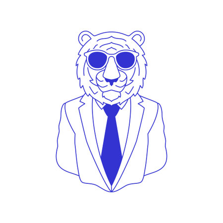 Y2k fashion tiger business man in sunglasses comic pen ink line pop art icon vector flat illustration. Psychedelic wild feline powerful animal surreal businessman portrait in tie suit blue sketchのイラスト素材