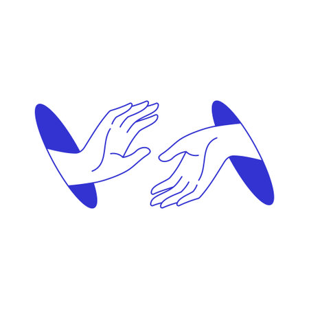 Y2k two hands connection to each other from hole contemporary pop art line icon vector flat illustration. Human arms touching together cooperation gesture psychedelic comic blue sketch funky printのイラスト素材