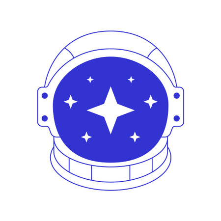 Y2k cosmonaut helmet with bright star comic contemporary pop art line icon vector flat illustration. Astronaut protective headdress space suit for universe galaxy cosmic travel explore blue sketchのイラスト素材