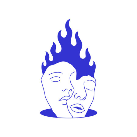 Y2k psychedelic love heart couple face with flame contemporary pop art line icon vector flat illustration. Comic man and woman romantic relationship together with burning fire in hole blue sketchのイラスト素材