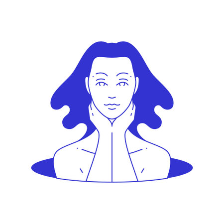 Y2k beautiful naked woman in hole psychedelic blue line icon vector flat illustration. Female portrait abstract contemporary pop art minimal hiding feminine lady sketch comic t shirt printのイラスト素材