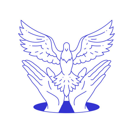 Y2k human hands holding dove pigeon from hole contemporary pop art line icon vector flat illustration. Psychedelic symbol of love peace and freedom comic sketch funky blue t shirt printのイラスト素材
