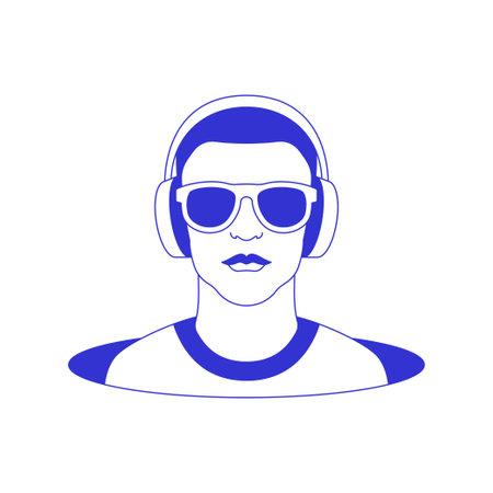 Y2k teen man in headphones sunglasses in hole psychedelic line icon vector flat illustration. Male teenager portrait listening music in fashion eyeglasses contemporary pop art sketch t shirt printのイラスト素材