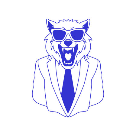 Y2k wolf business man in sunglasses tie suit blue sketch line icon vector flat illustration. Angry roar power canine predator minimal psychedelic wild animal businessman portrait contemporary pop artのイラスト素材
