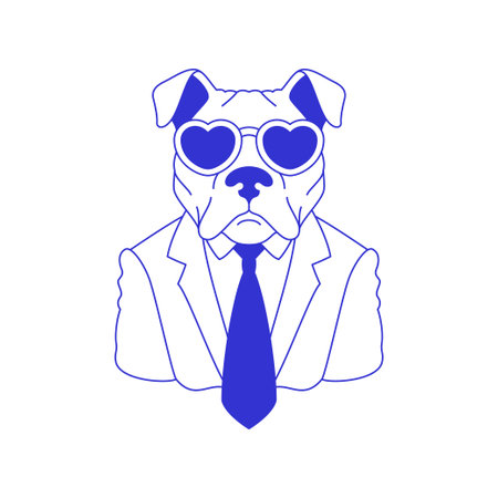 Y2k funky dog Pitbull suit sunglasses heart shape comic groovy line icon vector flat illustration. Psychedelic doggy canine pet animal businessman fashion love portrait contemporary pop art pen sketchのイラスト素材