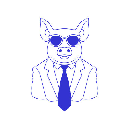 Y2k comic pig animal businessman in tie suit psychedelic line icon vector flat illustration. Surreal fashion piggy business cartoon character in sunglasses portrait contemporary pop art groovy stickerのイラスト素材