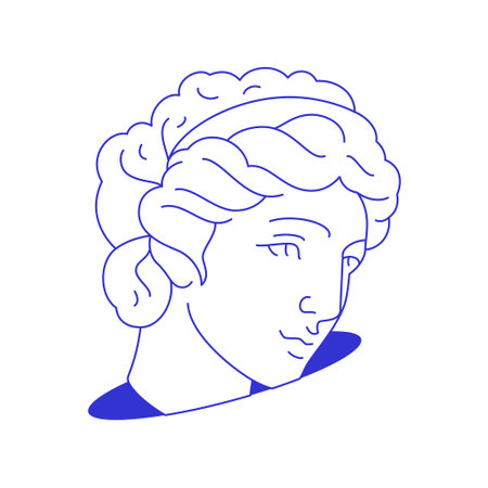 Y2k antique Greek goddess sculpture head in hole comic contemporary pop art line icon vector flat illustration. Ancient woman monument portrait psychedelic funky blue sketch for t shirt printのイラスト素材