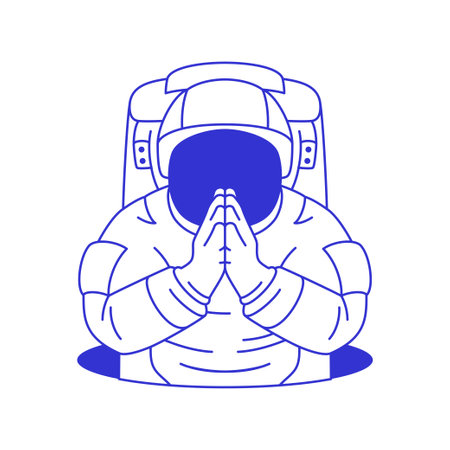 Y2k astronaut in spacesuit praying at hole contemporary pop art line icon vector flat illustration. Comic cosmonaut in helmet prayer asking help religious faith spiritual connected hands blue sketchのイラスト素材