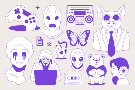Y2k retro groovy blue sketch ink psychedelic comic icon set vector flat illustration. Surreal minimal sculpture horror mask pig businessman butterfly hacker gamepad trendy pop art stickerのイラスト素材