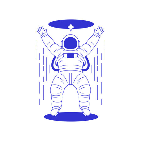 Y2k happy cosmonaut in space suit flying in universe hole line icon vector flat illustration. Overjoyed astronaut cosmos galaxy exploration hi tech cyber cosmic psychedelic retro groovy pen sketchのイラスト素材