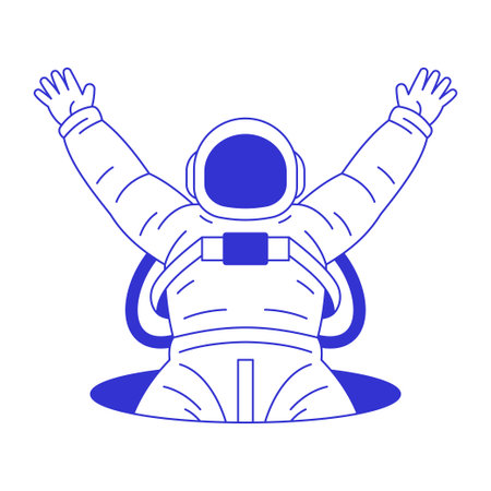 Y2k happy astronaut welcome jumping from hole contemporary pop art line icon vector flat illustration. Comic cosmonaut in spacesuit greeting funky psychedelic blue sketch t shirt printのイラスト素材