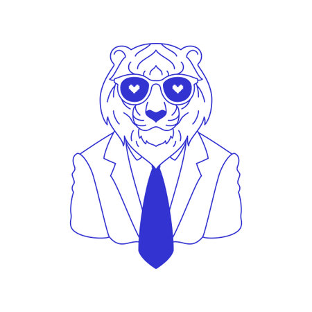 Y2k tiger businessman in love sunglasses portrait blue sketch line icon vector flat illustration. Psychedelic predator wild feline animal in business tie suit fashion contemporary pop art stickerのイラスト素材