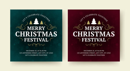 Merry Christmas music party festival social media post design template set vector illustration. Happy New Year winter holiday celebrate event squared flyer with glow light bokeh snowflakes and spruceのイラスト素材