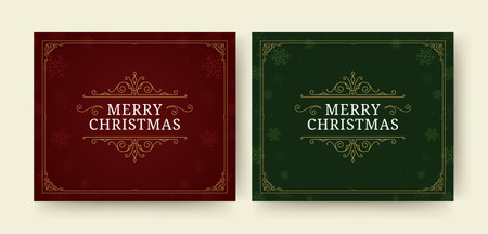 Merry Christmas luxury retro Victorian frame social media post design template set vector illustration. Winter holiday Xmas congratulations vintage royal golden border red green greeting cardのイラスト素材