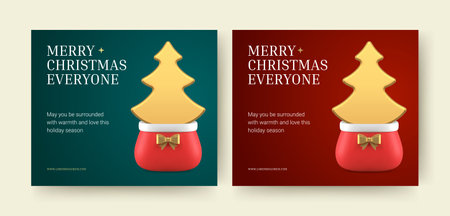 Merry Christmas congratulations social media post design template spruce bauble set realistic vector illustration. Happy winter holiday New Year Xmas event celebrate luxury toy greeting cardのイラスト素材