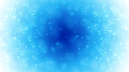 Light blue winter Christmas background with glow snow ice crystal 3d design realistic vector illustration. Frozen Xmas cold weather seasonal banner backdrop sparkle bokeh abstract snowfall wallpaperのイラスト素材
