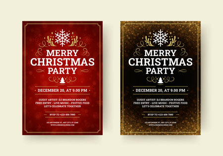 Merry Christmas party music event retro flyer invitation design template set vector illustration. Winter holiday celebration musical festival promo poster glow bokeh snowflakes luxury spark backgroundのイラスト素材
